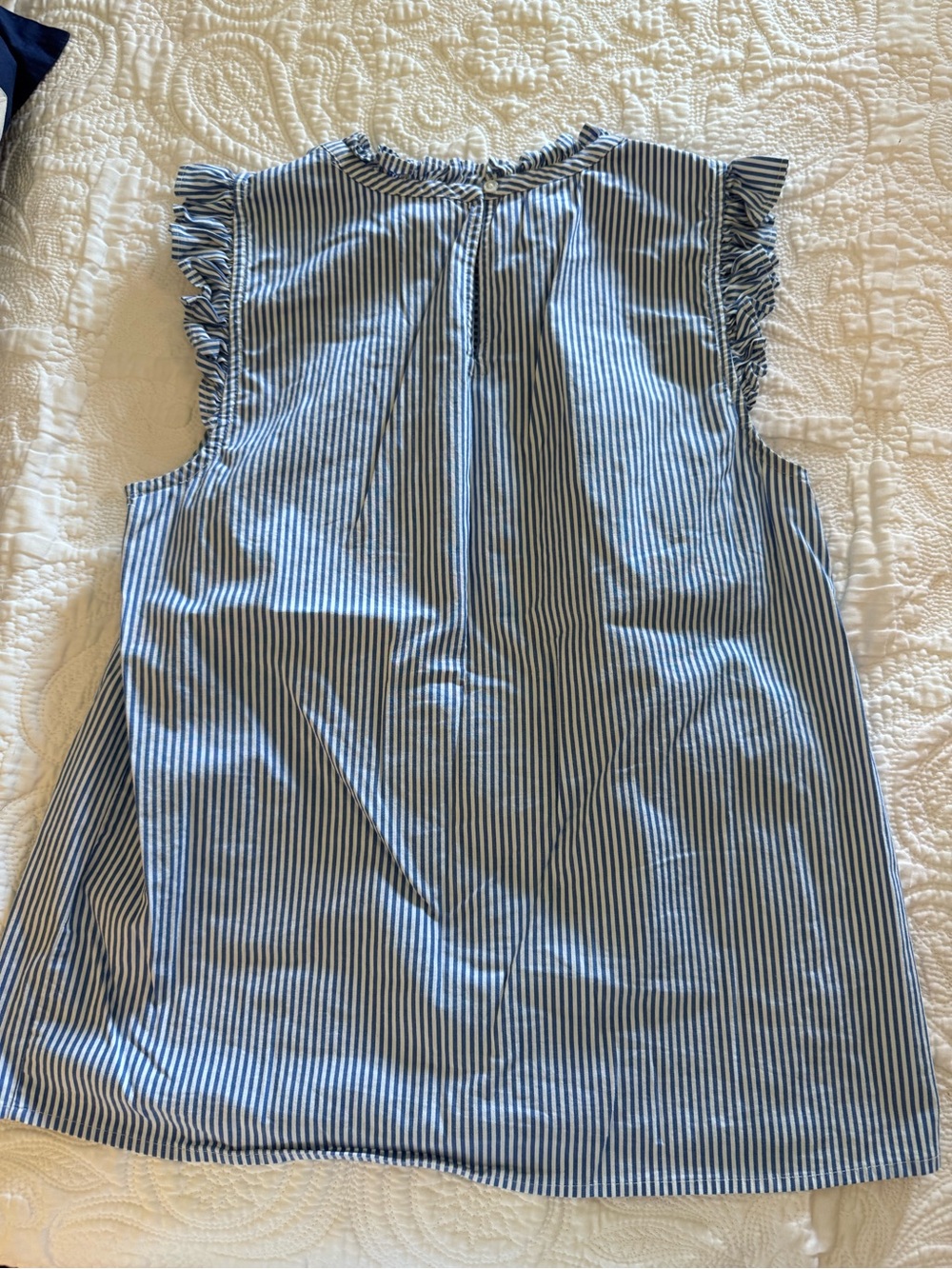 J. Crew Blue and White Striped Ruffle Neck Blouse